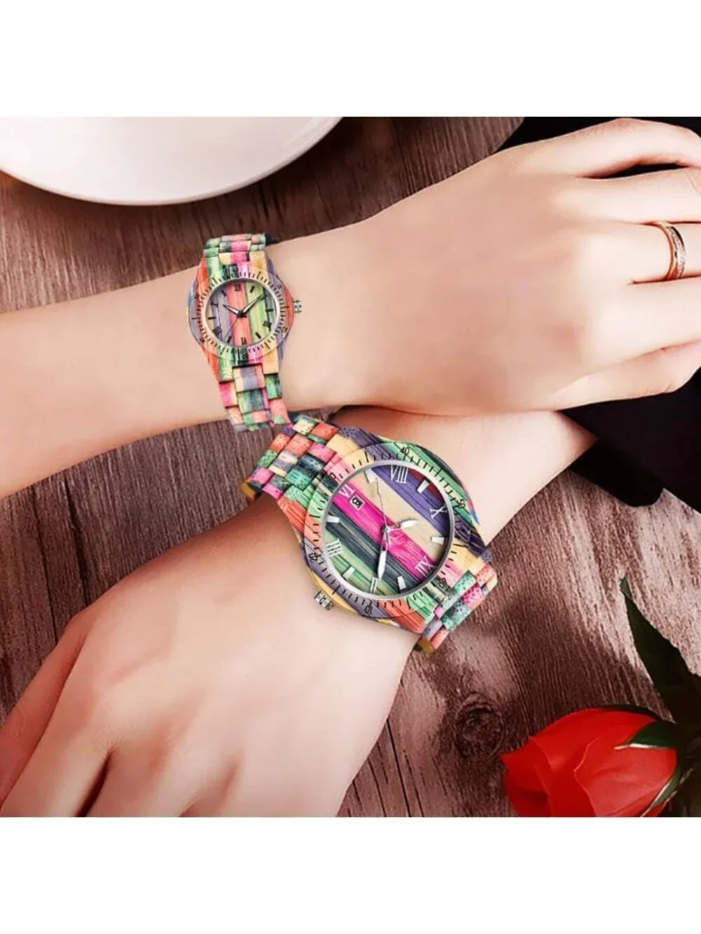 Women's Multi Colorful Analog Quartz Couples Bamboo Classic Design Wooden Watch